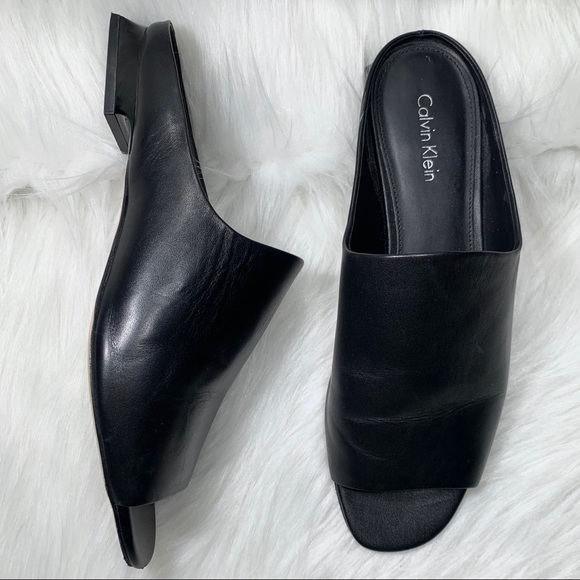 COPY - Calvin Klein Black Leather Peep Toe Slide Sandals - Picture 2 of 8